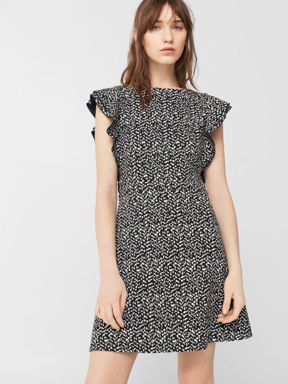 Mango Black & White Speckled Ruffle-Sleeve Mini Dress